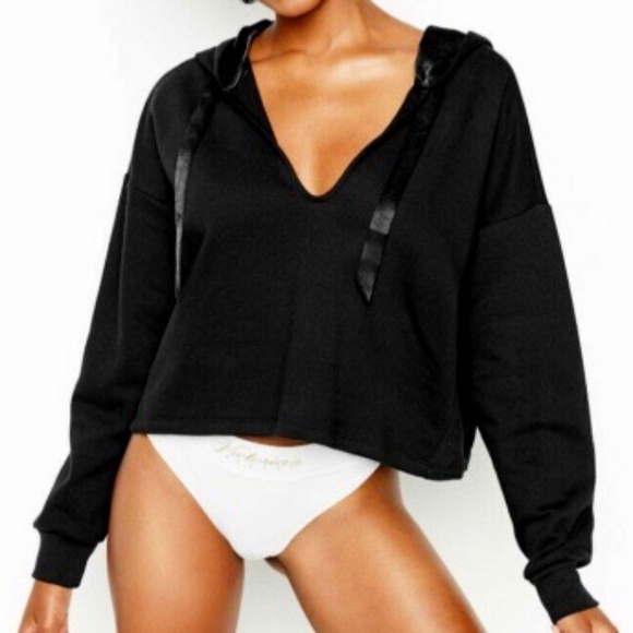 VICTORIA'S SECRET SUEDED FLEECE CROPPED HOODIE PULLOVER SWEATSHIRT - Picture 1 of 3